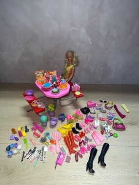 Barbie Accessories Lot + Picnic Table Playset + Doll